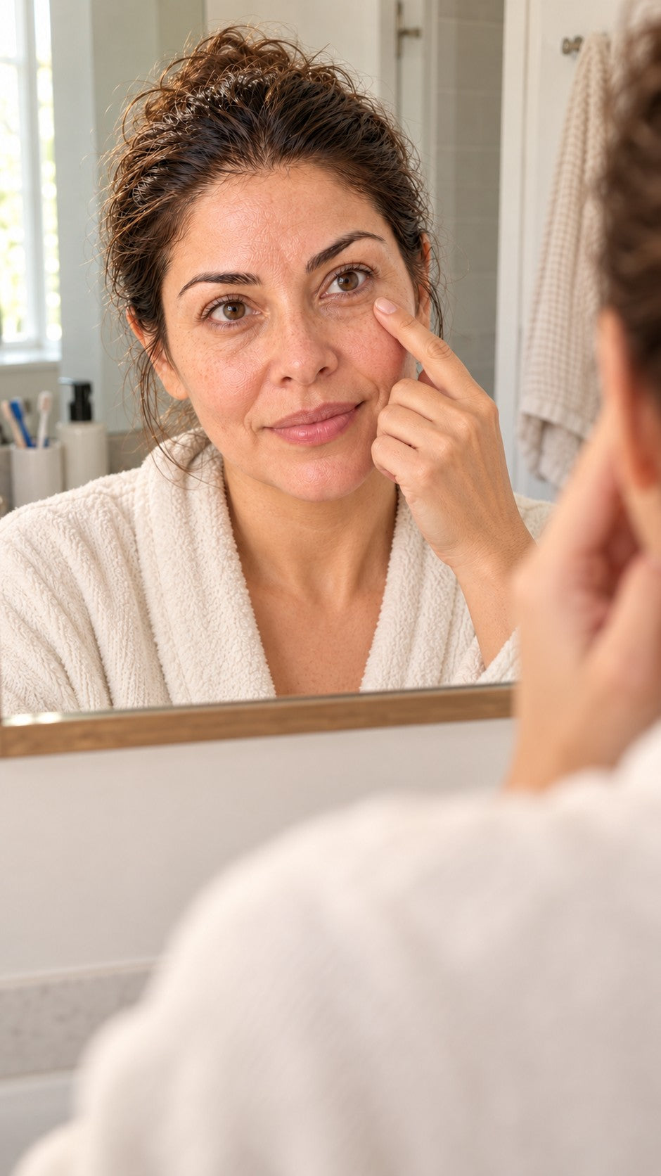 Mujer mirándose al espejo por la mañana